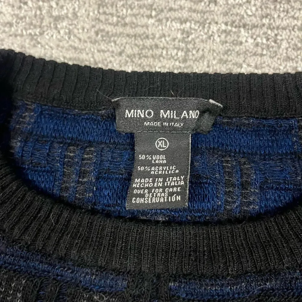 Mino Milano Sweater Mens XL Black Blue squared knit lightweight Wool Blend